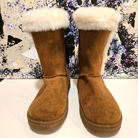 SO Shoes - SO Chestnut Abigail Tan Brown Faux Suede Fur Trim Boots Calf Length Size 8.5